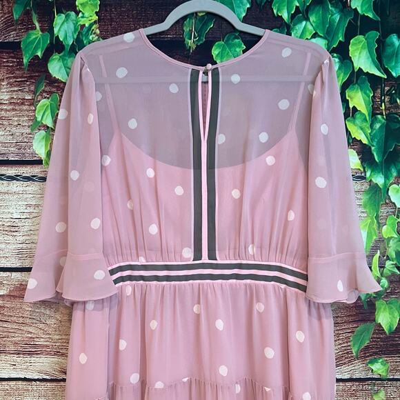 Gal Meets Glam Tiered Polka Dot Dress Midi Size 16P Lined Pink Sheer Sleeves - Picture 2 of 7